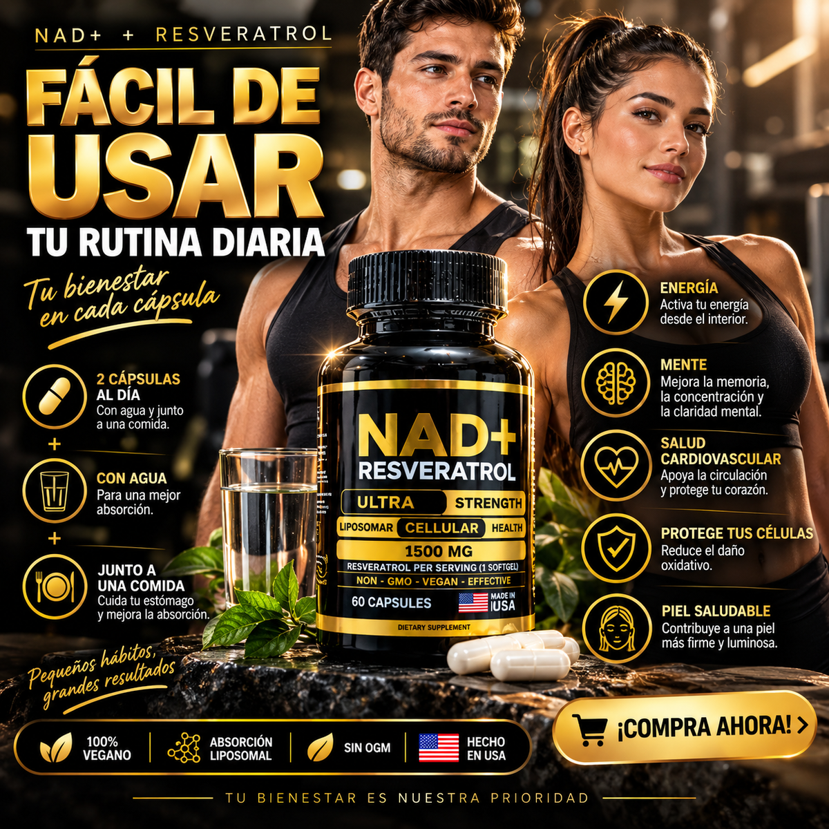 Rutina diaria con NAD+ Resveratrol