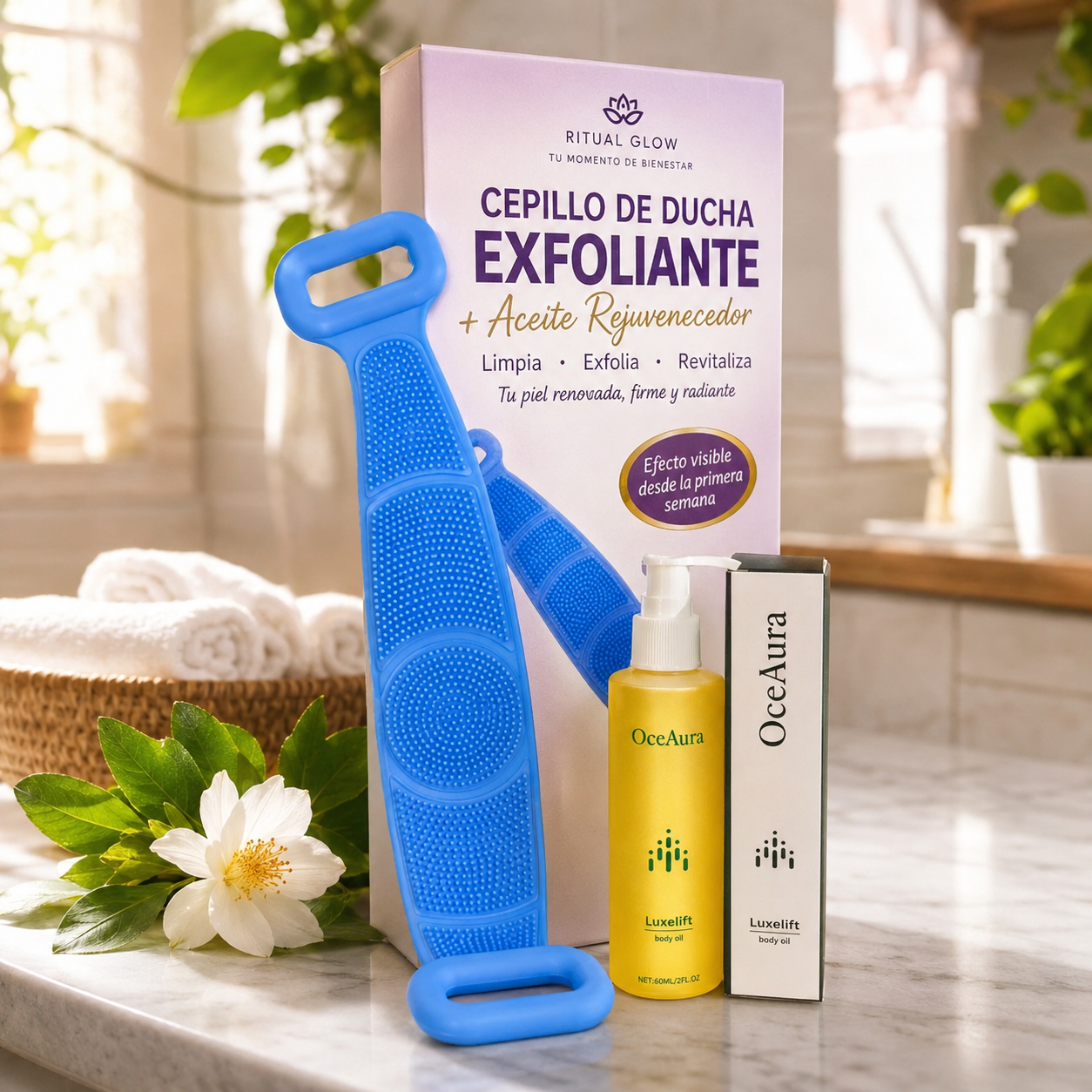 Cepillo Masajeador Corporal Silicona + Aceite Elixir de la Juventud Reafirmante