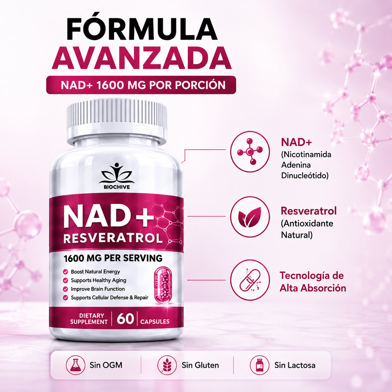 NAD+RESVERATROL 60 CAPSULAS* REJUVENECIMIENTO CELULAR