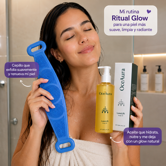 Cepillo Masajeador Corporal Silicona + Aceite Elixir de la Juventud Reafirmante