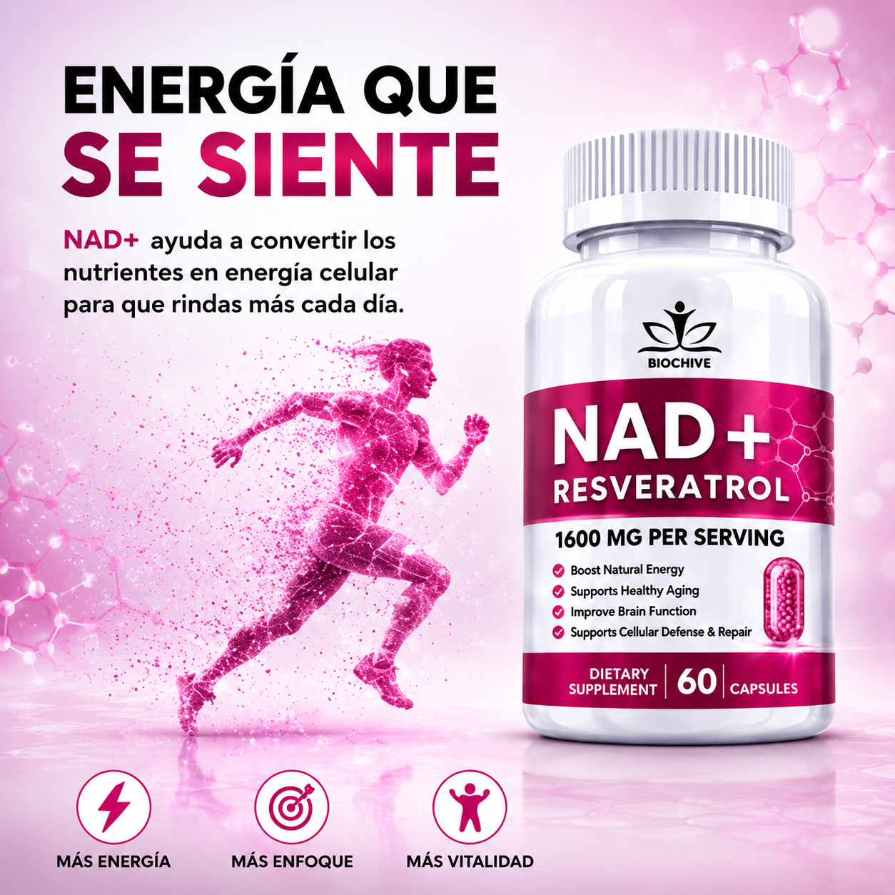 NAD+RESVERATROL 60 CAPSULAS* REJUVENECIMIENTO CELULAR