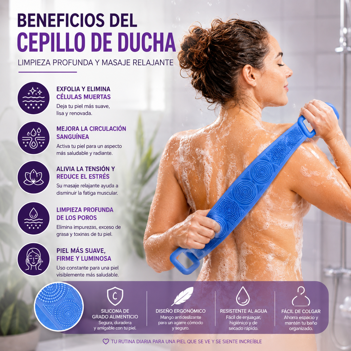 Cepillo Masajeador Corporal Silicona + Aceite Elixir de la Juventud Reafirmante