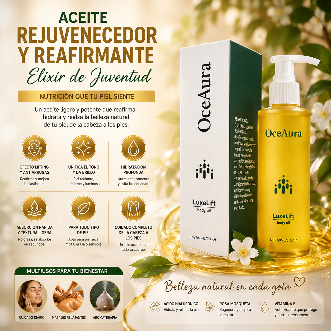 Cepillo Masajeador Corporal Silicona + Aceite Elixir de la Juventud Reafirmante