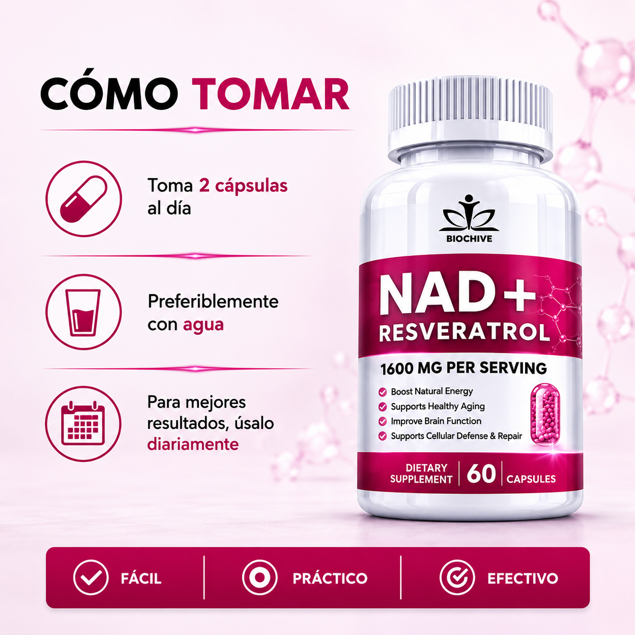 NAD+RESVERATROL 60 CAPSULAS* REJUVENECIMIENTO CELULAR