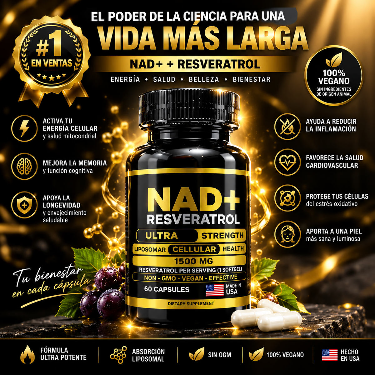 NAD+ Resveratrol Americano 60 cápsulas