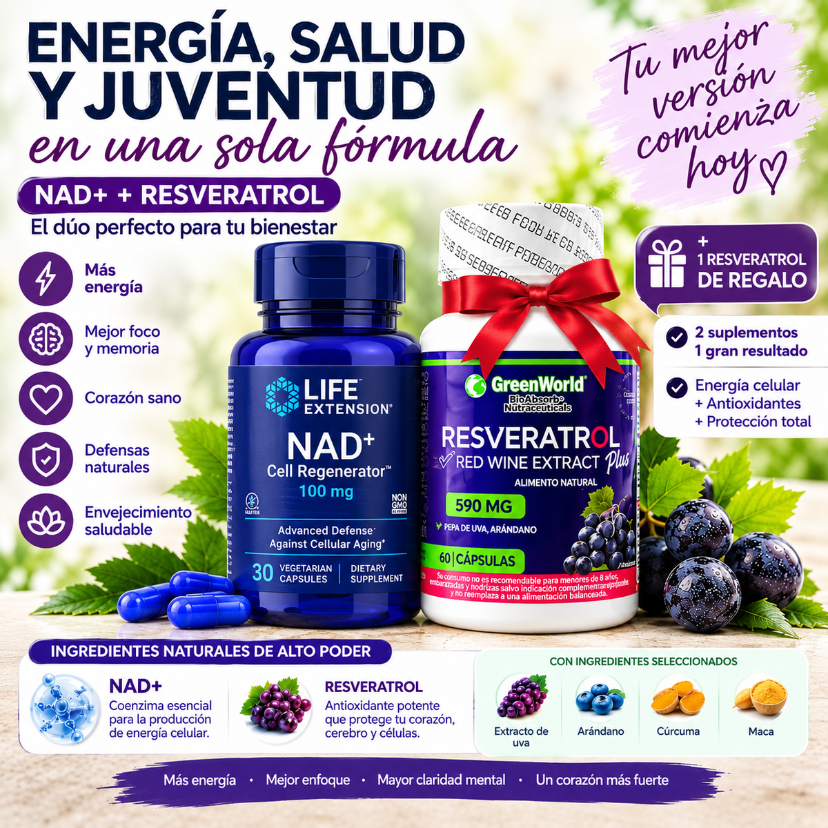 NAD+ Life + RESVERATROL REJUVENECE DESDE ADENTRO