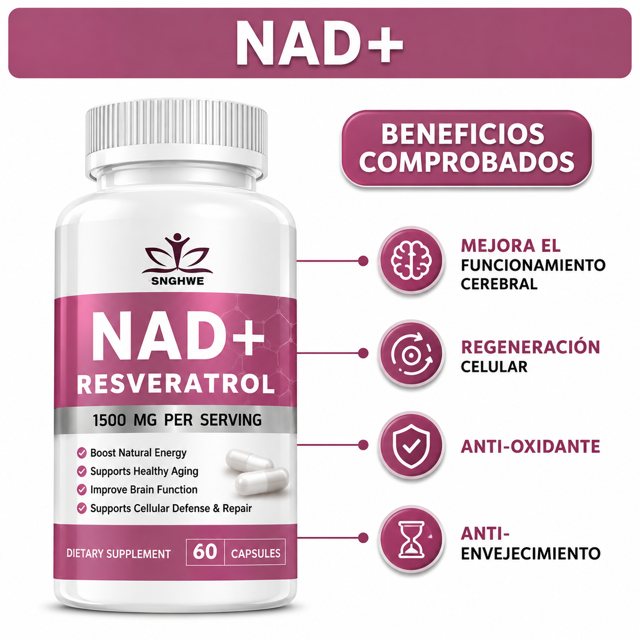 NAD+RESVERATROL 60 CAPSULAS* REJUVENECIMIENTO CELULAR