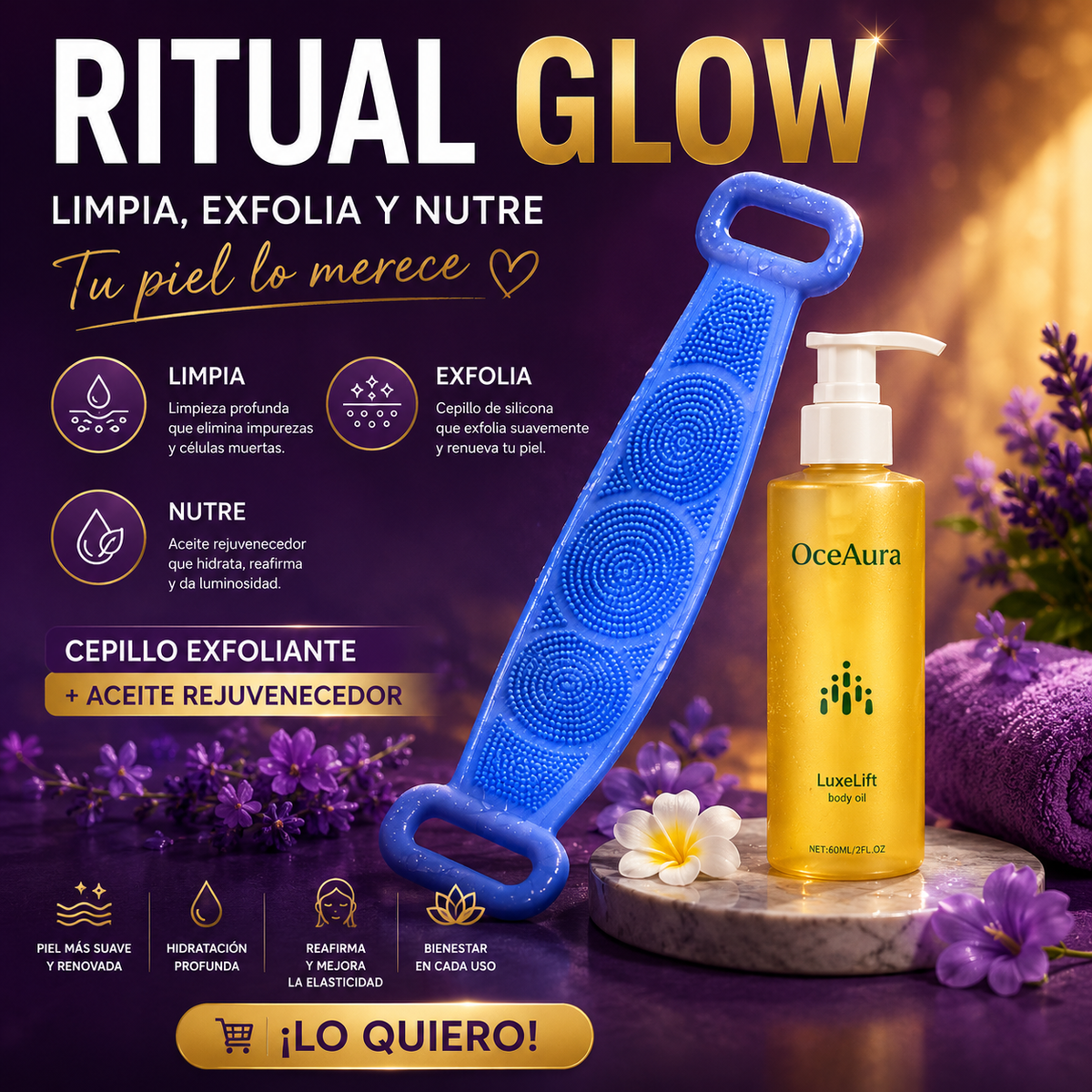 Cepillo Masajeador Corporal Silicona + Aceite Elixir de la Juventud Reafirmante