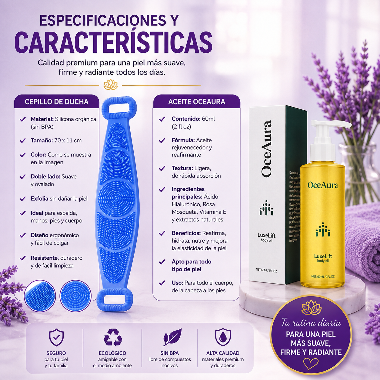 Cepillo Masajeador Corporal Silicona + Aceite Elixir de la Juventud Reafirmante
