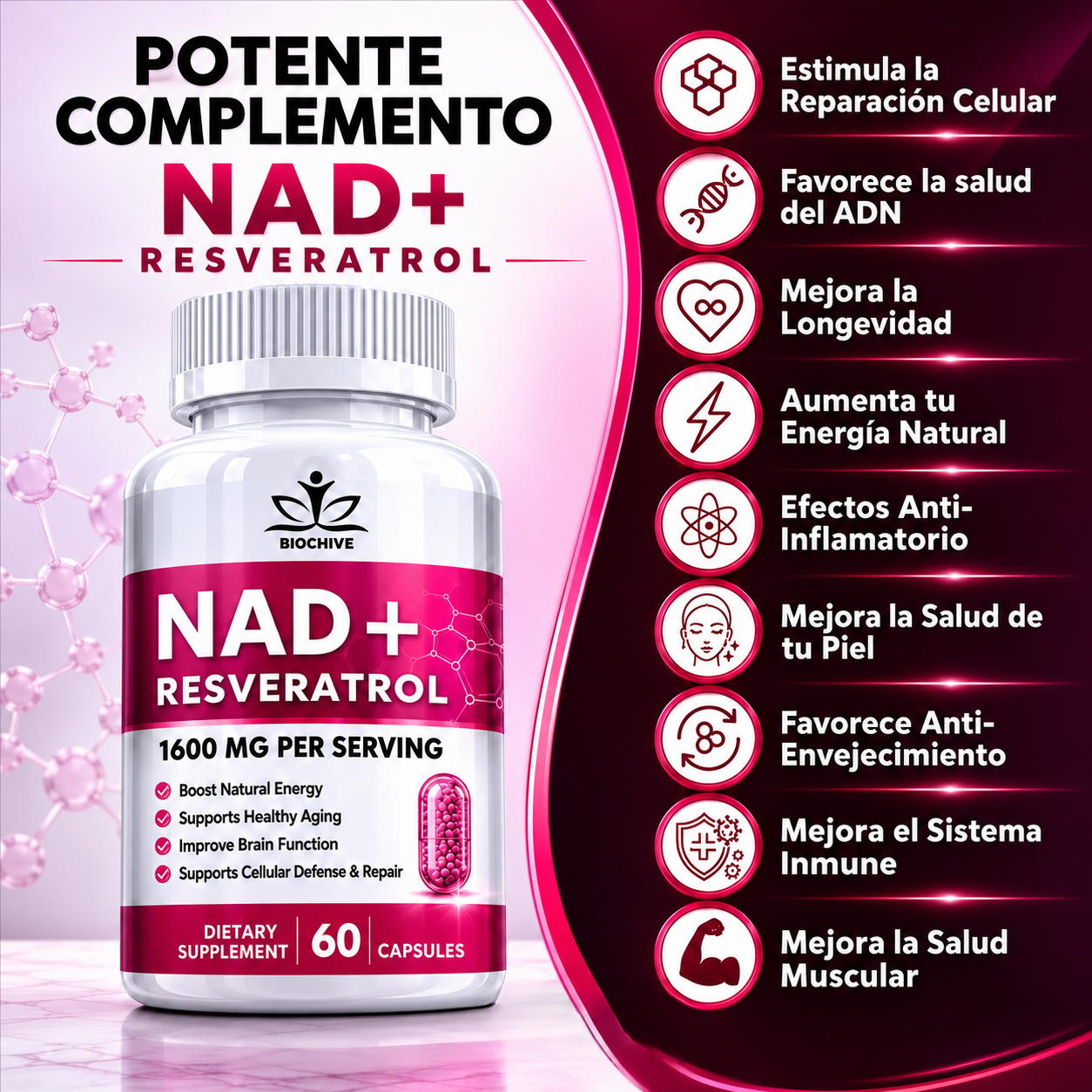NAD+RESVERATROL 60 CAPSULAS* REJUVENECIMIENTO CELULAR