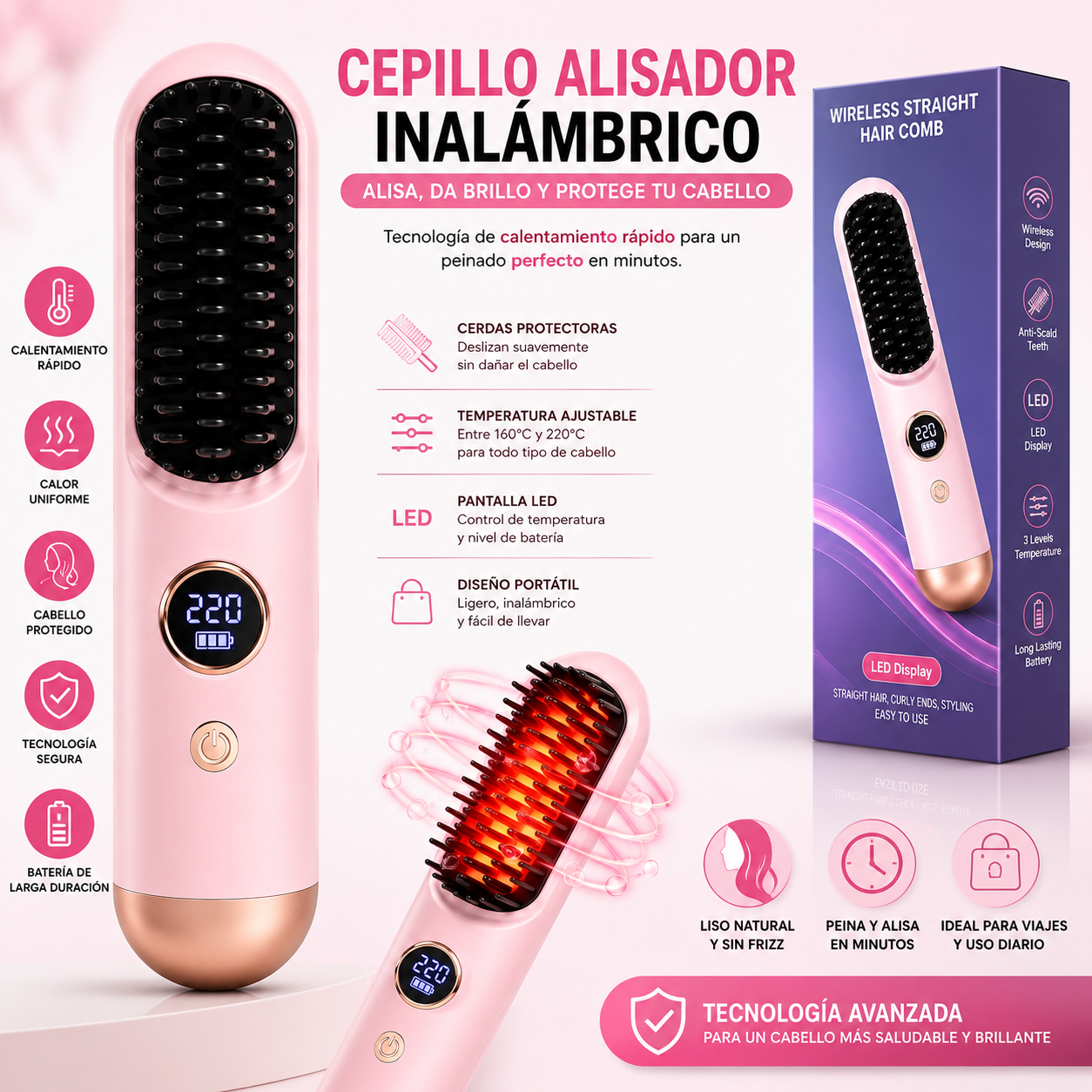 Cepillo Alisador Cabello Inalámbrico