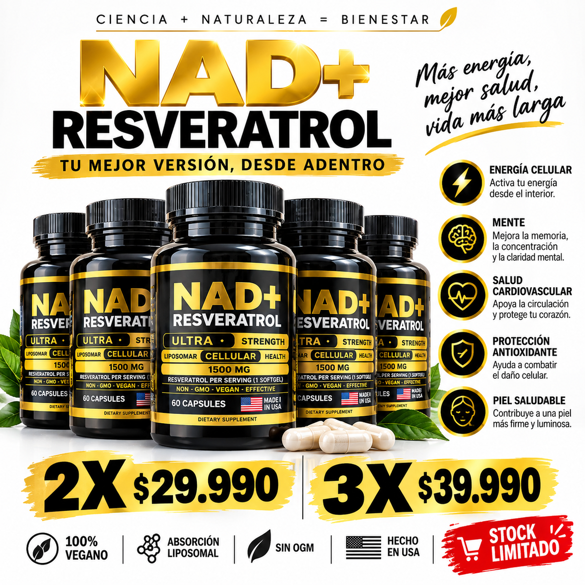 Detalle del frasco NAD+ Resveratrol