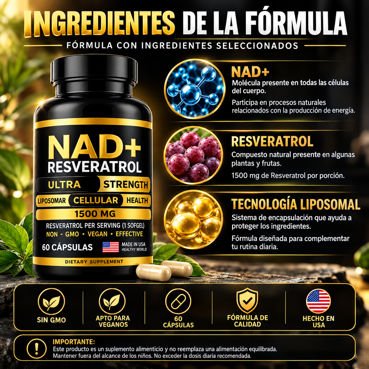 NAD+ Resveratrol 60 cápsulas presentación