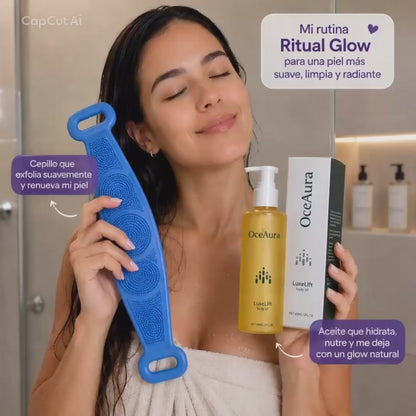 Cepillo Masajeador Corporal Silicona + Aceite Elixir de la Juventud Reafirmante